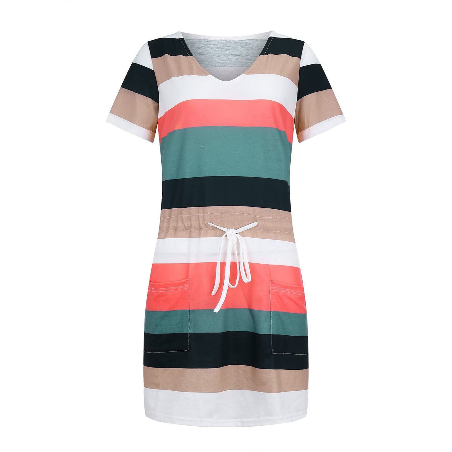 Striped V-Neck Drawstring Summer Dress