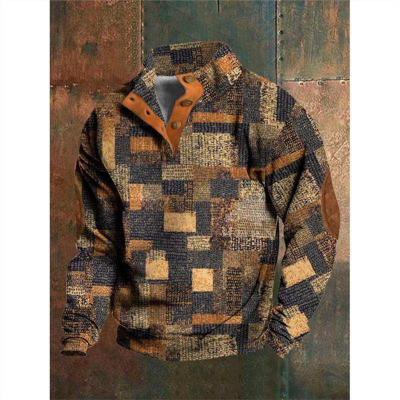 Patchwork shirt with geometric pattern on a textured background