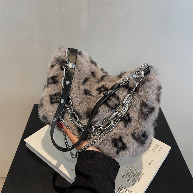 Floral Charm Plush Chain Shoulder Bag