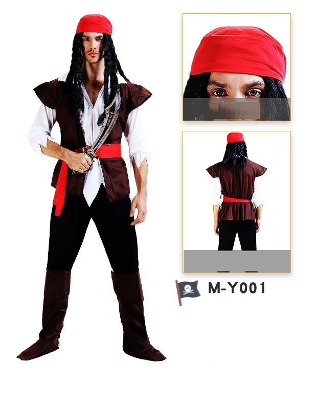 Pirate costume with red bandana, sword, and black pants on a white background.