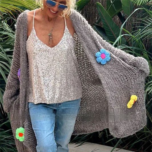 Floral Breeze: Hand Crocheted Long Cardigan Jacket - Casual Loose Women's Sweater