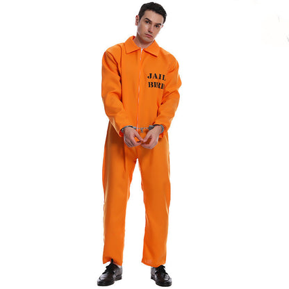 Person wearing an orange jumpsuit with 'JAIL BURD' text on a white background
