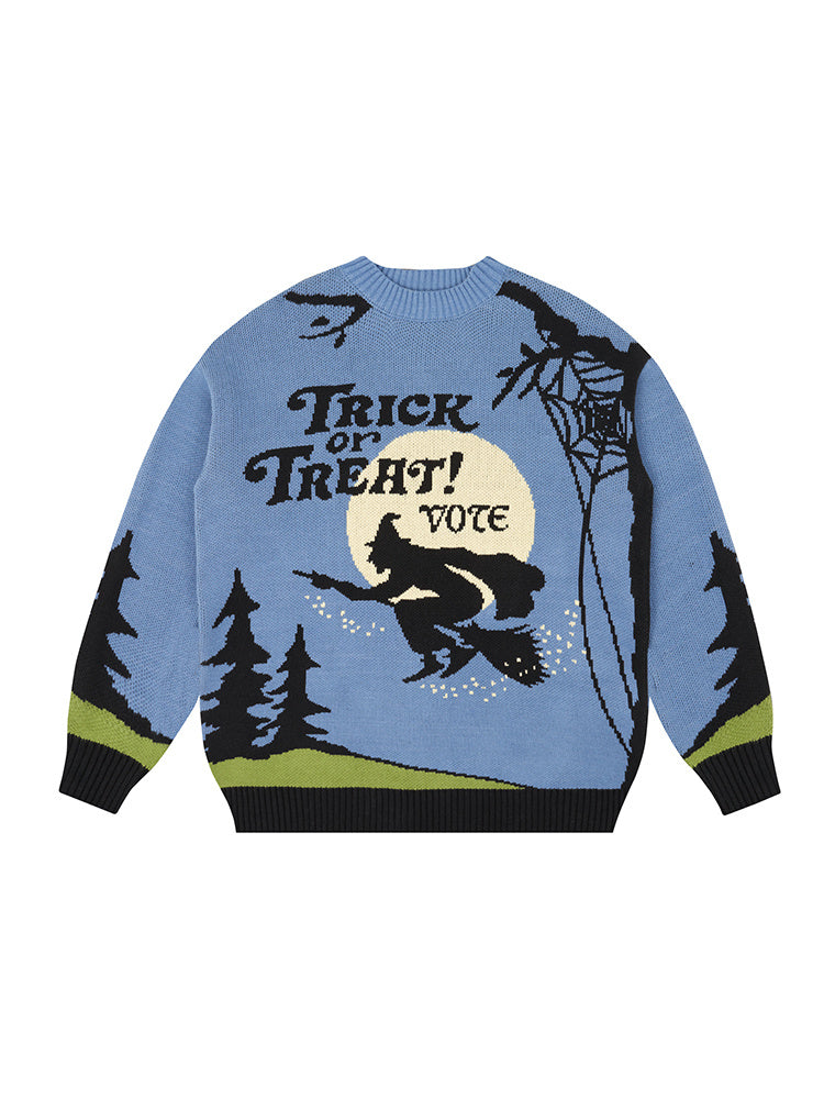 Sweater with 'Trick or Treat! Vote' design featuring a witch and moon on a blue background.