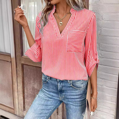 Classic V-Neck Striped Print Long Sleeve Top