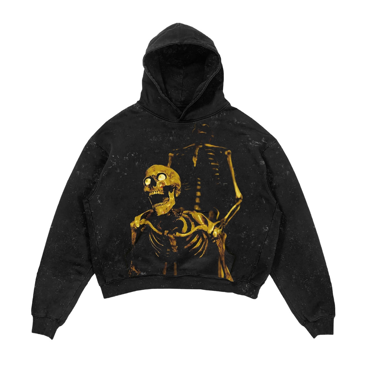 Black hoodie with a gold skeleton design on a white background