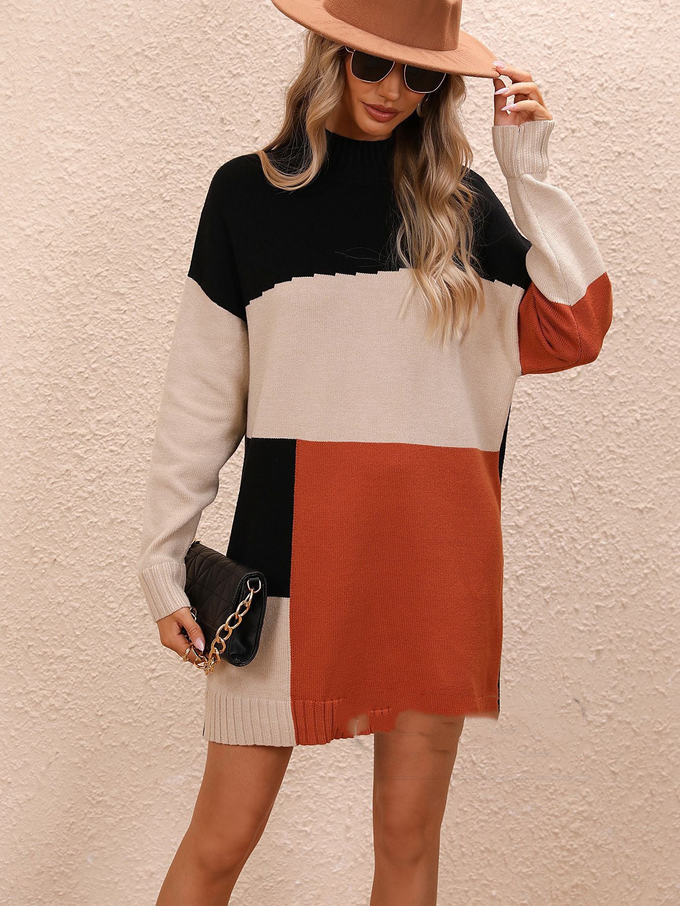 Stylish Women's Color-Matching Sweater Dress - Large Size, Round Neck