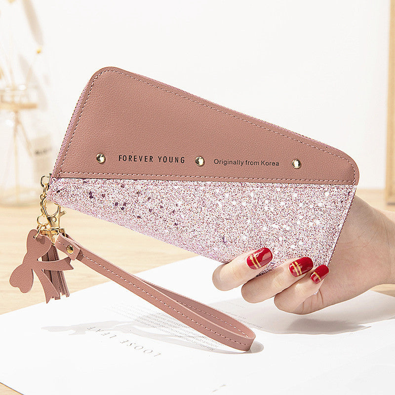 New Style Wallet Long Ladies Zipper Wallet Female Student Korean Version Stitching Contrast Color Tassel Wild Rivet Mobile Phone Bag