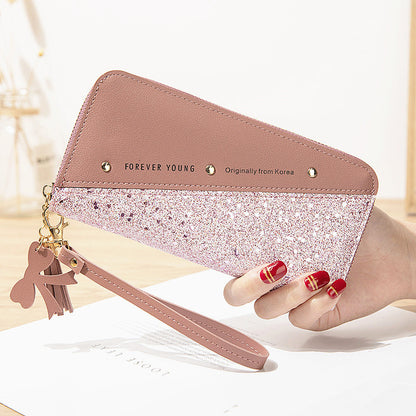 New Style Wallet Long Ladies Zipper Wallet Female Student Korean Version Stitching Contrast Color Tassel Wild Rivet Mobile Phone Bag