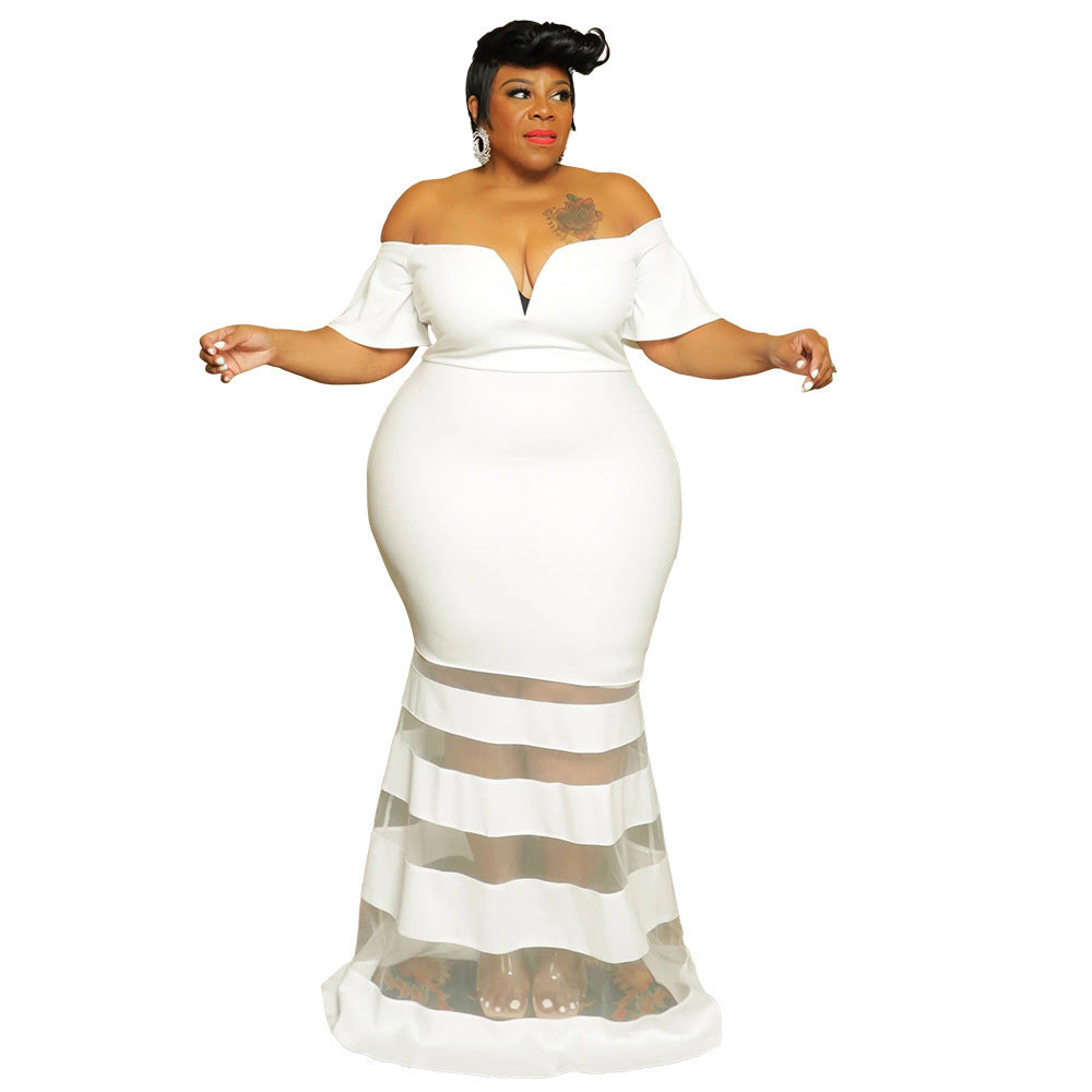 Sheer Charm V-Neck Evening Dress - Plus Size Fashion