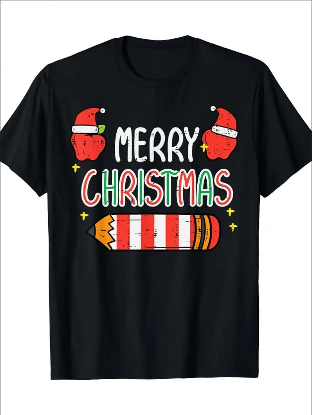 Black t-shirt with 'Merry Christmas' text and candy cane design on a white background