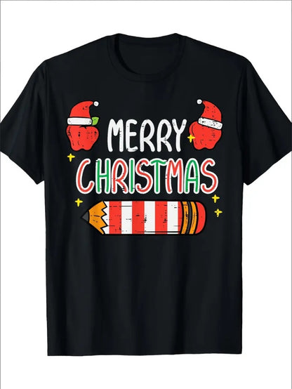 Black t-shirt with 'Merry Christmas' text and candy cane design on a white background