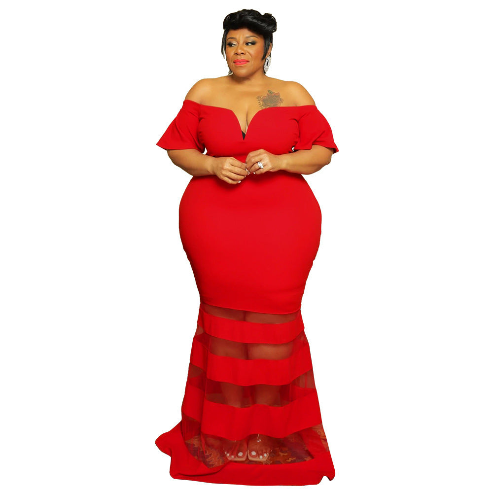 Sheer Charm V-Neck Evening Dress - Plus Size Fashion