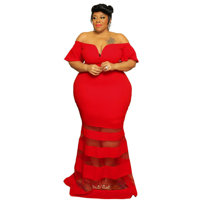 Sheer Charm V-Neck Evening Dress - Plus Size Fashion