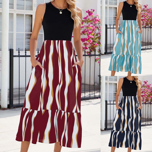Summer Fashion Striped Print Sleeveless Long Dress: Women's Round Neck Clothing