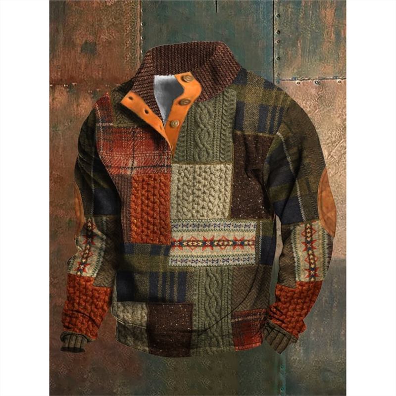 Patchwork patterned shirt with colorful design on a textured background