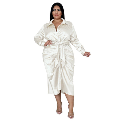 Elegant Reflective Silk Pleated Shirt Dress - Plus Size, Lace-up Design