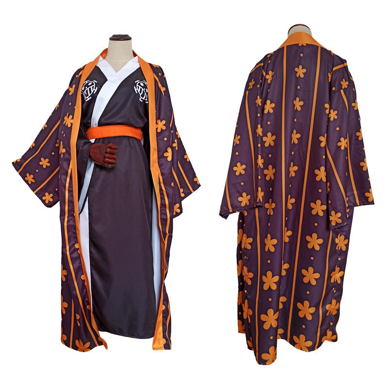 Purple kimono with orange floral patterns on a white background