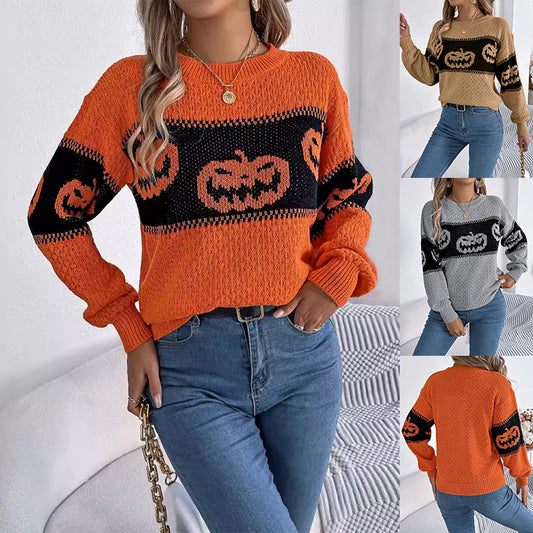 Woman wearing an orange sweater with black pumpkin patterns, standing against a white background.