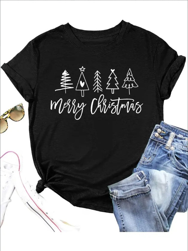 Black t-shirt with 'Merry Christmas' and tree designs, paired with jeans and sunglasses on a white background.