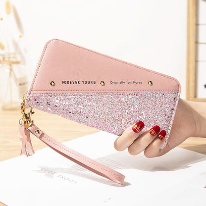 New Style Wallet Long Ladies Zipper Wallet Female Student Korean Version Stitching Contrast Color Tassel Wild Rivet Mobile Phone Bag