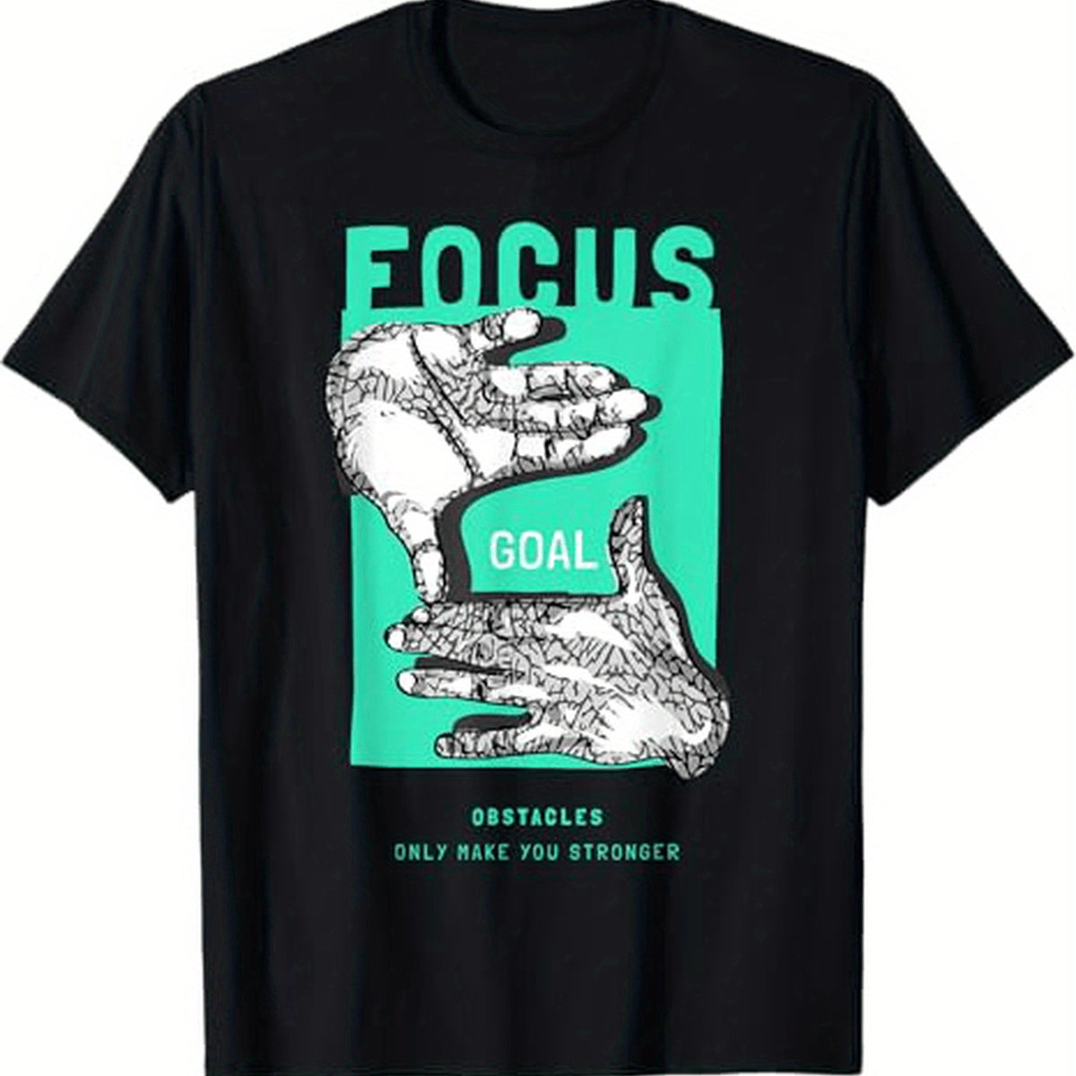 Black t-shirt with graphic design of hands and text on a white background