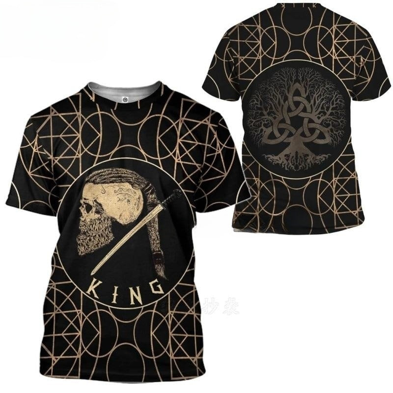 Black t-shirt with gold designs and text on a white background