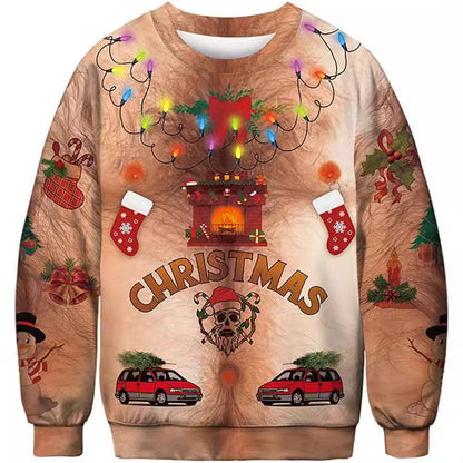 Ugly Christmas sweater with festive designs on a white background