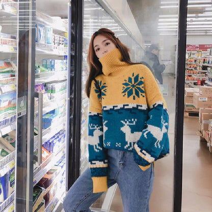 Person wearing a patterned sweater standing in a store aisle.