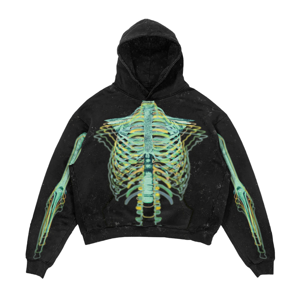 Black hoodie with green skeleton design on a white background