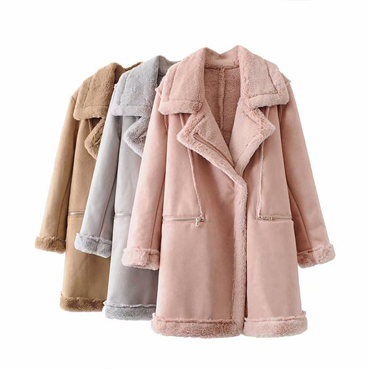 Women's Winter Suede Leather Jacket: Thicken Lambswool Fur Long Coat for Cozy Outerwear