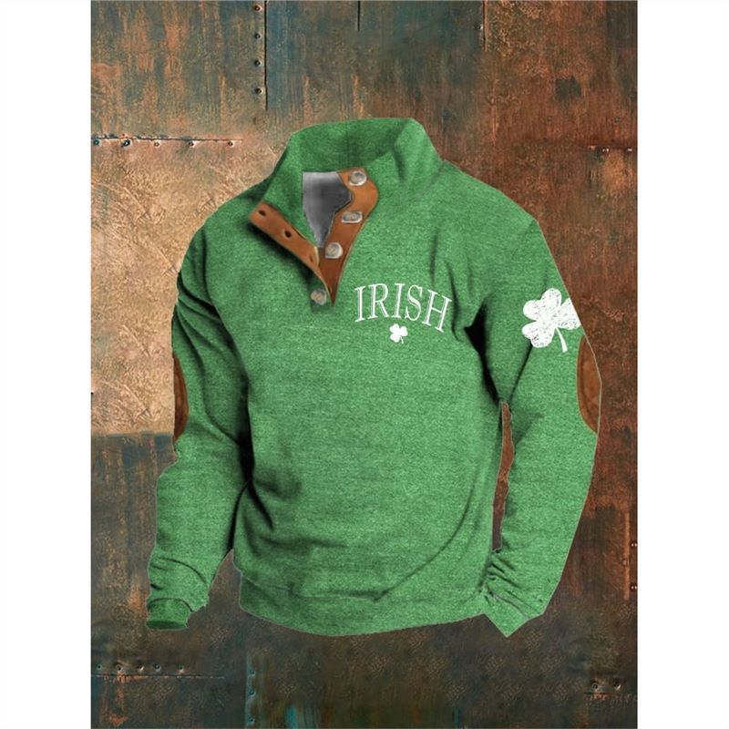 Green pullover with 'IRISH' and clover design on a rustic wooden background