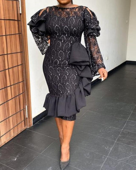 Stylish Black Pullover Dress - Irregular Cut, Lace Detailing, Large Size