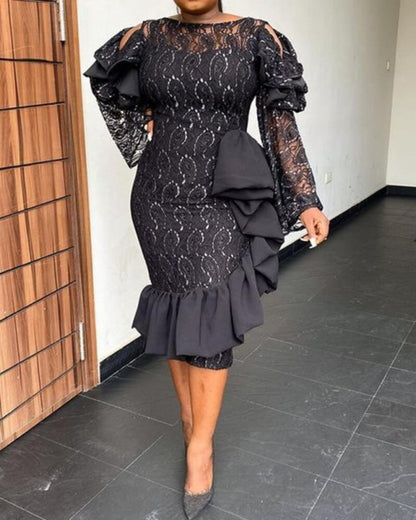 Stylish Black Pullover Dress - Irregular Cut, Lace Detailing, Large Size