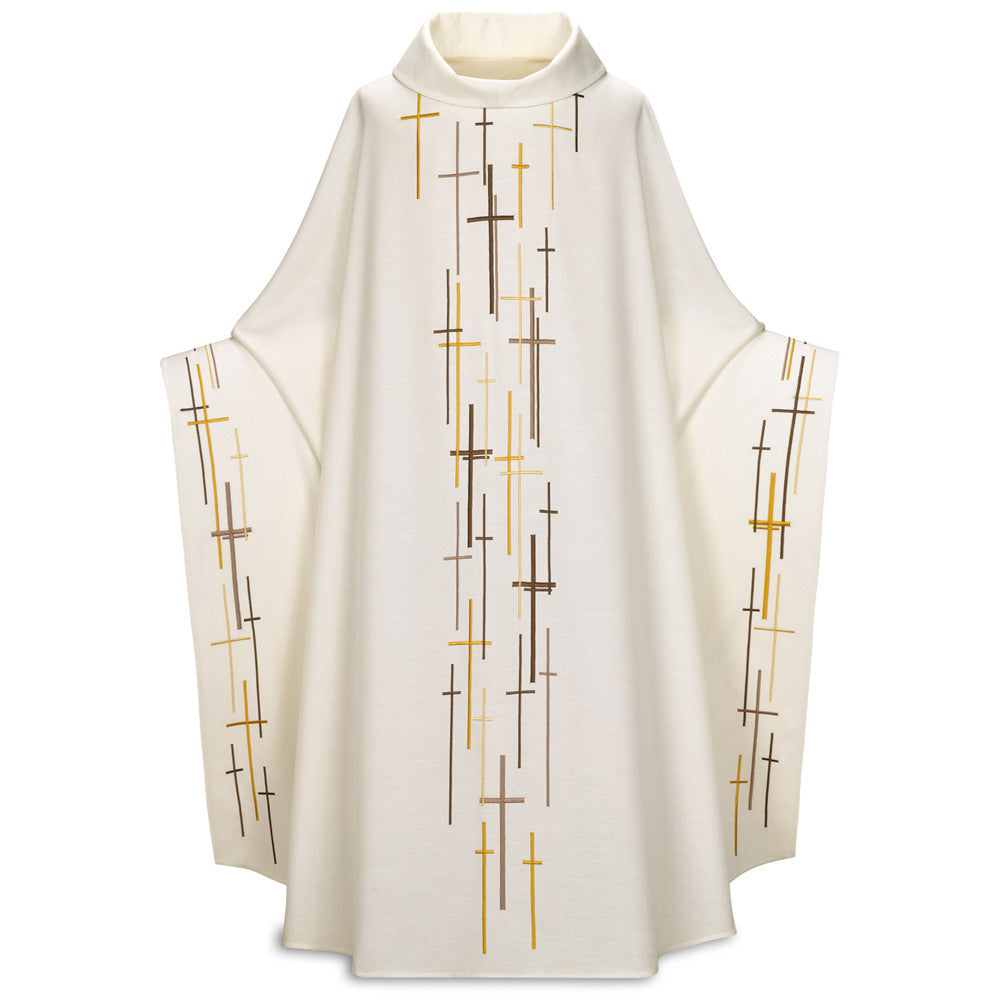 White liturgical vestment with cross patterns on a white background