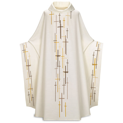 White liturgical vestment with cross patterns on a white background