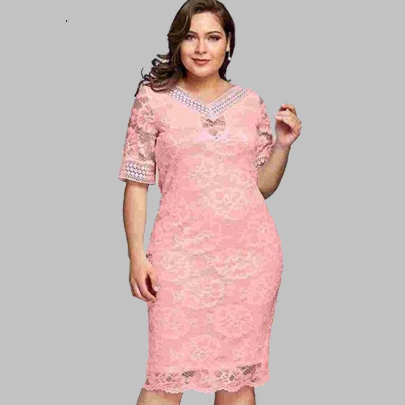 Luxury Lace V-Neck Dress - Large Size, Evening Elegance