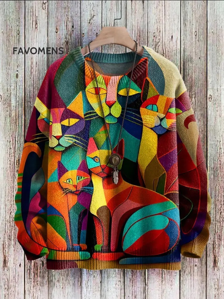 Colorful sweater with cat designs on a wooden background, branded 'FAVOMENS'.