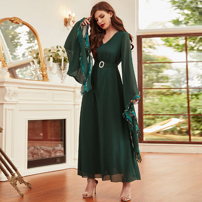 Emerald Fringed Chiffon Dress