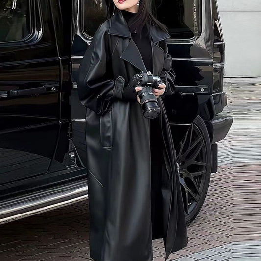 Chic Elegance: Women's Fashionable Temperament Knee-Length PU Leather Coat