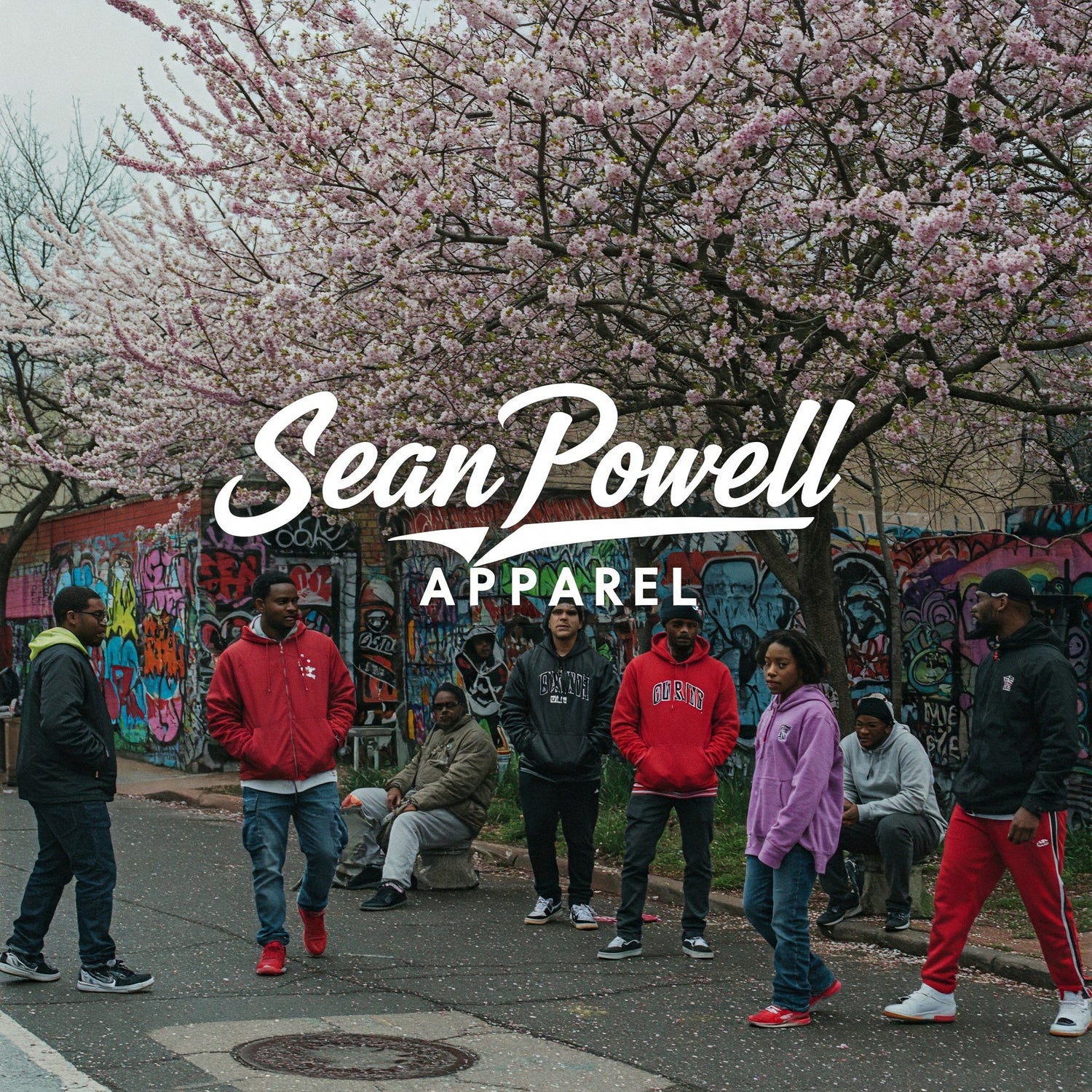 People standing outdoors with cherry blossoms and graffiti in the background, featuring Sean Powell Apparel logo.