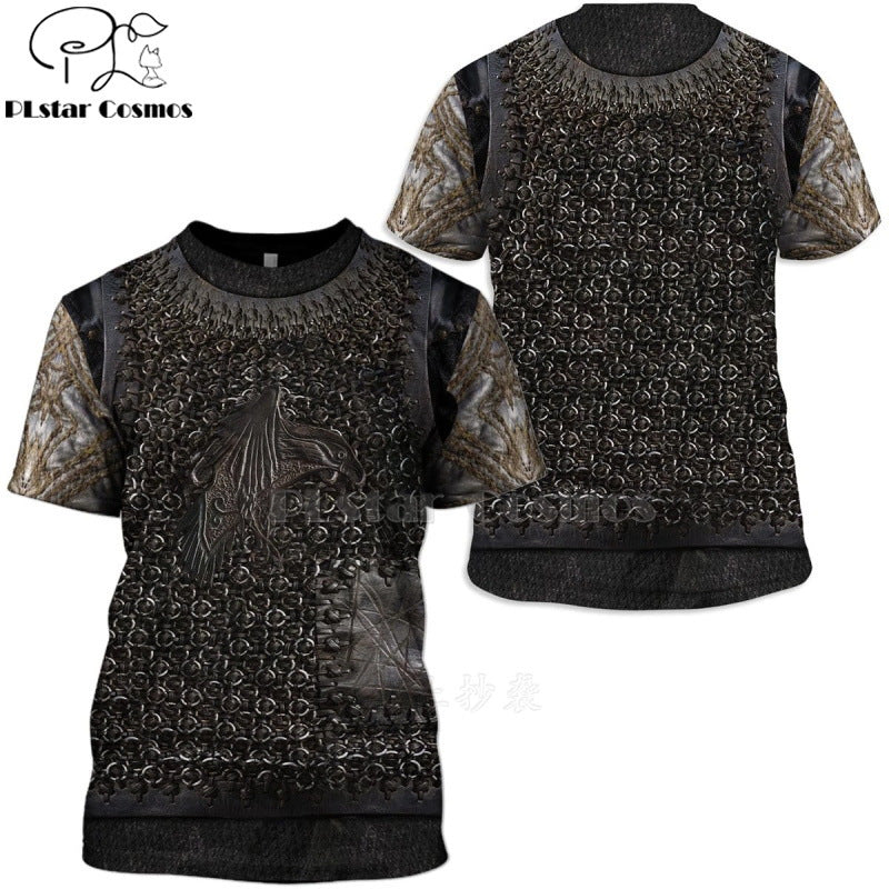 Black and brown patterned t-shirt with dragon design on a white background