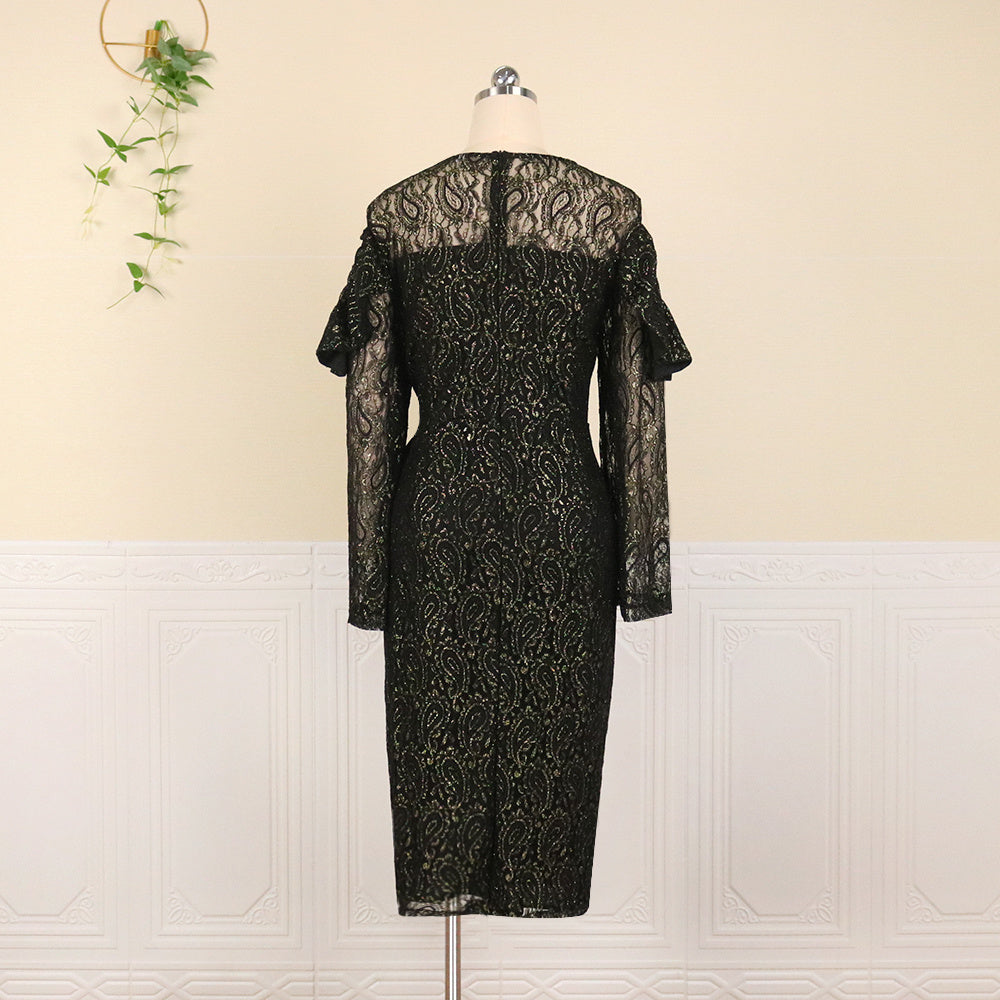 Stylish Black Pullover Dress - Irregular Cut, Lace Detailing, Large Size