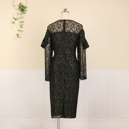 Stylish Black Pullover Dress - Irregular Cut, Lace Detailing, Large Size