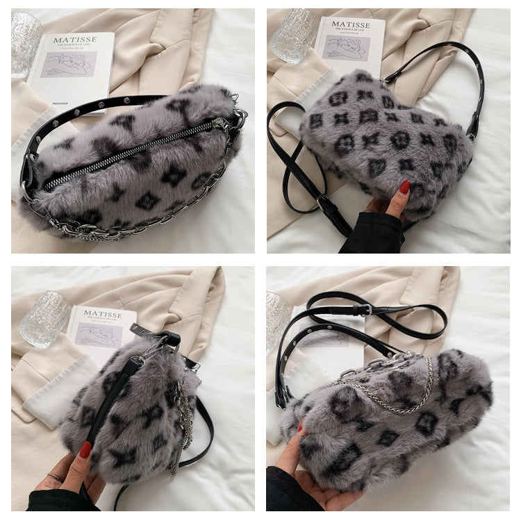 Floral Charm Plush Chain Shoulder Bag
