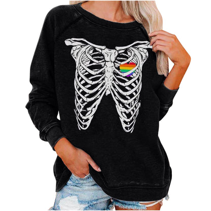 Black sweatshirt with skeleton design and rainbow heart on a white background