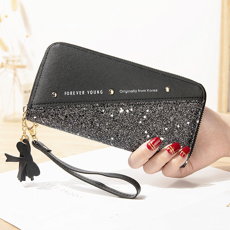 New Style Wallet Long Ladies Zipper Wallet Female Student Korean Version Stitching Contrast Color Tassel Wild Rivet Mobile Phone Bag