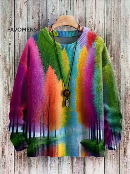 Colorful sweater with a nature design on a wooden background, featuring the brand 'FAVOMENS'.
