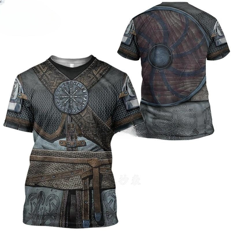 Viking-themed t-shirt with detailed design on a white background
