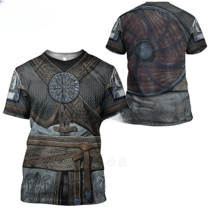 Viking-themed t-shirt with detailed design on a white background