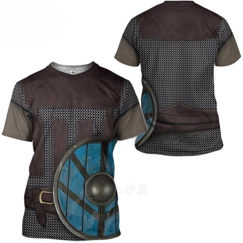 T-shirt with warrior design featuring a shield and armor on a white background